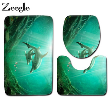 Zeegle Dolphin Printed 3Pcs Комплект килими за баня Противоплъзгащи се постелки за баня Пиедестал Килим Фланелена тоалетна Подложка за баня Килим за баня