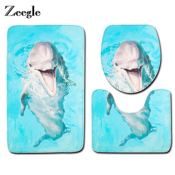 Zeegle Dolphin Printed 3Pcs Комплект килими за баня Противоплъзгащи се постелки за баня Пиедестал Килим Фланелена тоалетна Подложка за баня Килим за баня