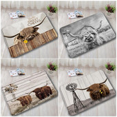 Lauku dzīvnieks Highland Govs Durvju Paklāji Brūni Liellopi Zāle Retro Koka Flaneļa Vannas Paklājiņš Mājas istaba Virtuve Vannas istabas Dekors Pretslīdes paklājs