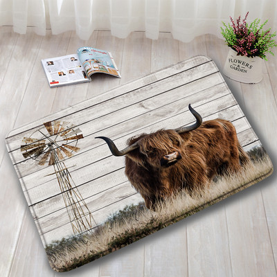 Lauku dzīvnieks Highland Govs Durvju Paklāji Brūni Liellopi Zāle Retro Koka Flaneļa Vannas Paklājiņš Mājas istaba Virtuve Vannas istabas Dekors Pretslīdes paklājs