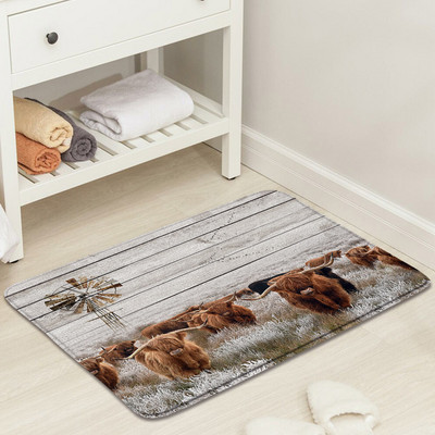Lauku dzīvnieks Highland Govs Durvju Paklāji Brūni Liellopi Zāle Retro Koka Flaneļa Vannas Paklājiņš Mājas istaba Virtuve Vannas istabas Dekors Pretslīdes paklājs