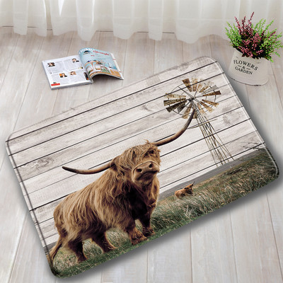 Lauku dzīvnieks Highland Govs Durvju Paklāji Brūni Liellopi Zāle Retro Koka Flaneļa Vannas Paklājiņš Mājas istaba Virtuve Vannas istabas Dekors Pretslīdes paklājs