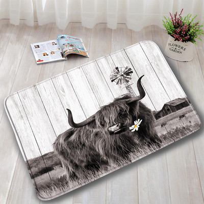 Lauku dzīvnieks Highland Govs Durvju Paklāji Brūni Liellopi Zāle Retro Koka Flaneļa Vannas Paklājiņš Mājas istaba Virtuve Vannas istabas Dekors Pretslīdes paklājs