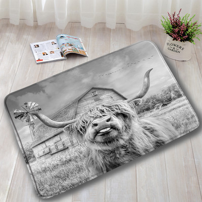 Lauku dzīvnieks Highland Govs Durvju Paklāji Brūni Liellopi Zāle Retro Koka Flaneļa Vannas Paklājiņš Mājas istaba Virtuve Vannas istabas Dekors Pretslīdes paklājs