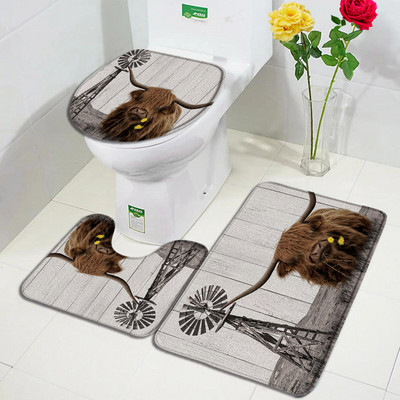 Lauku dzīvnieks Highland Govs Durvju Paklāji Brūni Liellopi Zāle Retro Koka Flaneļa Vannas Paklājiņš Mājas istaba Virtuve Vannas istabas Dekors Pretslīdes paklājs