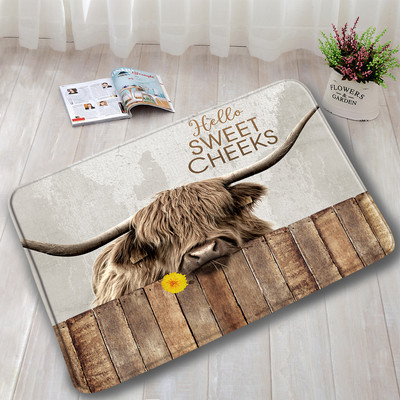 Lauku dzīvnieks Highland Govs Durvju Paklāji Brūni Liellopi Zāle Retro Koka Flaneļa Vannas Paklājiņš Mājas istaba Virtuve Vannas istabas Dekors Pretslīdes paklājs