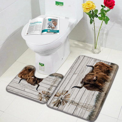 Lauku dzīvnieks Highland Govs Durvju Paklāji Brūni Liellopi Zāle Retro Koka Flaneļa Vannas Paklājiņš Mājas istaba Virtuve Vannas istabas Dekors Pretslīdes paklājs