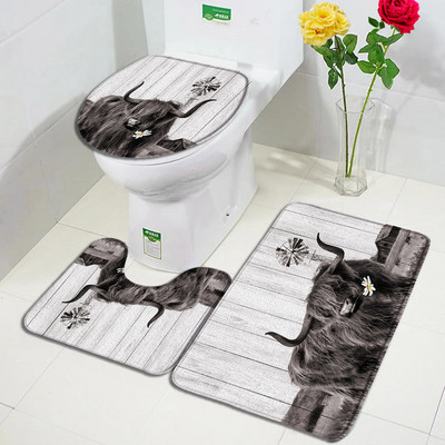 Lauku dzīvnieks Highland Govs Durvju Paklāji Brūni Liellopi Zāle Retro Koka Flaneļa Vannas Paklājiņš Mājas istaba Virtuve Vannas istabas Dekors Pretslīdes paklājs