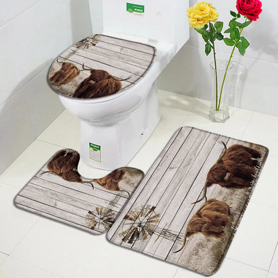 Lauku dzīvnieks Highland Govs Durvju Paklāji Brūni Liellopi Zāle Retro Koka Flaneļa Vannas Paklājiņš Mājas istaba Virtuve Vannas istabas Dekors Pretslīdes paklājs