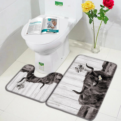 Lauku dzīvnieks Highland Govs Durvju Paklāji Brūni Liellopi Zāle Retro Koka Flaneļa Vannas Paklājiņš Mājas istaba Virtuve Vannas istabas Dekors Pretslīdes paklājs