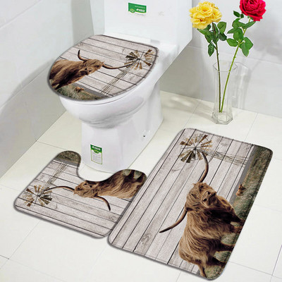 Lauku dzīvnieks Highland Govs Durvju Paklāji Brūni Liellopi Zāle Retro Koka Flaneļa Vannas Paklājiņš Mājas istaba Virtuve Vannas istabas Dekors Pretslīdes paklājs