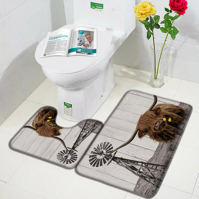 Lauku dzīvnieks Highland Govs Durvju Paklāji Brūni Liellopi Zāle Retro Koka Flaneļa Vannas Paklājiņš Mājas istaba Virtuve Vannas istabas Dekors Pretslīdes paklājs