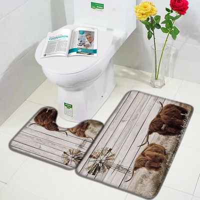 Lauku dzīvnieks Highland Govs Durvju Paklāji Brūni Liellopi Zāle Retro Koka Flaneļa Vannas Paklājiņš Mājas istaba Virtuve Vannas istabas Dekors Pretslīdes paklājs