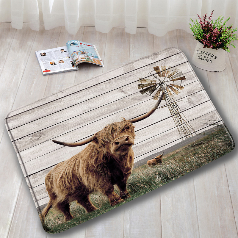 Lauku dzīvnieks Highland Govs Durvju Paklāji Brūni Liellopi Zāle Retro Koka Flaneļa Vannas Paklājiņš Mājas istaba Virtuve Vannas istabas Dekors Pretslīdes paklājs