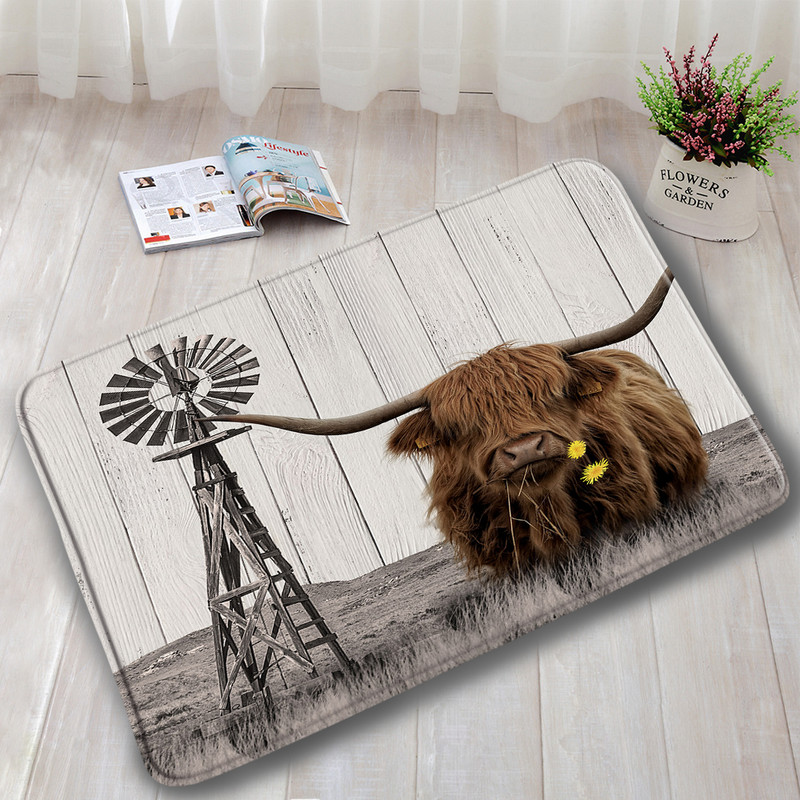 Lauku dzīvnieks Highland Govs Durvju Paklāji Brūni Liellopi Zāle Retro Koka Flaneļa Vannas Paklājiņš Mājas istaba Virtuve Vannas istabas Dekors Pretslīdes paklājs