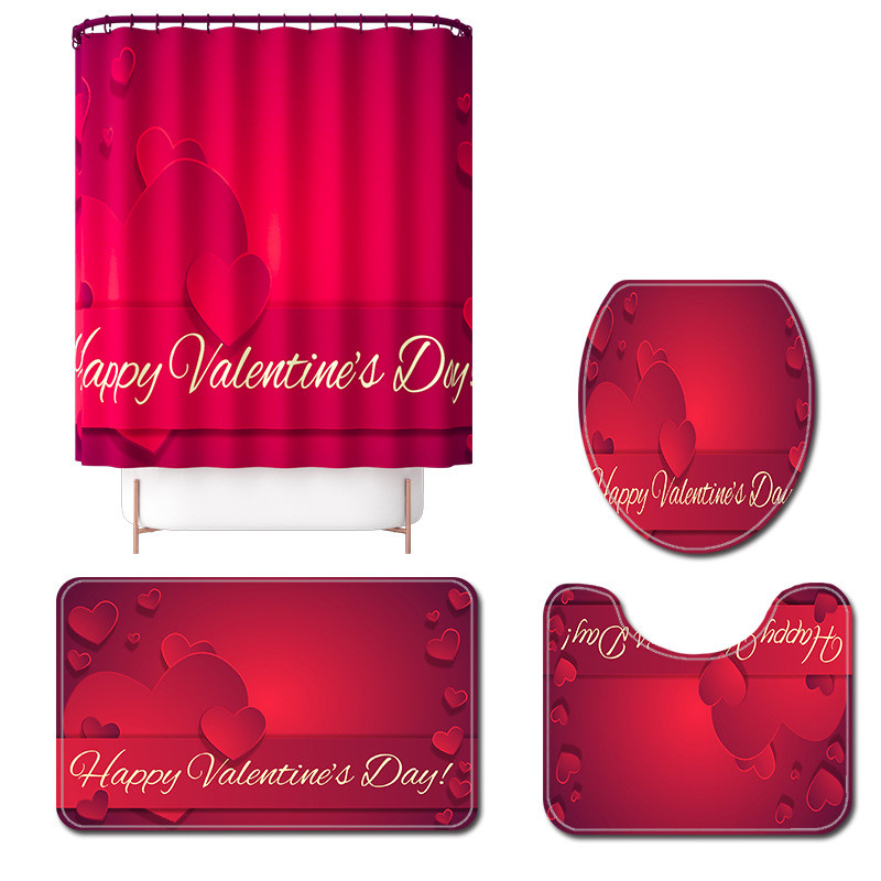 Valentīndienas vannas paklājs un dušas aizkaru komplekts flaneļa tualetes sēdekļa pārklāja paklājiņš vannas istabas grīdas paklājs Ūdensizturīgs dušas kāju paklājs