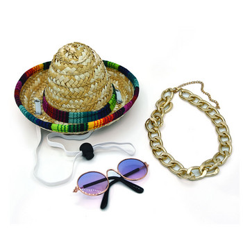 Шапка за котка Шапка за домашен любимец Летни аксесоари Плетена сламена шапка в мексикански стил Очила Златно колие