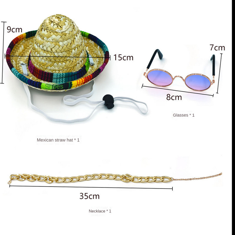 Mačka Pokrivalo za glavu Šešir za kućnog ljubimca Ljetni dodaci Pleteni slamnati šešir u meksičkom stilu Naočale Zlatna ogrlica