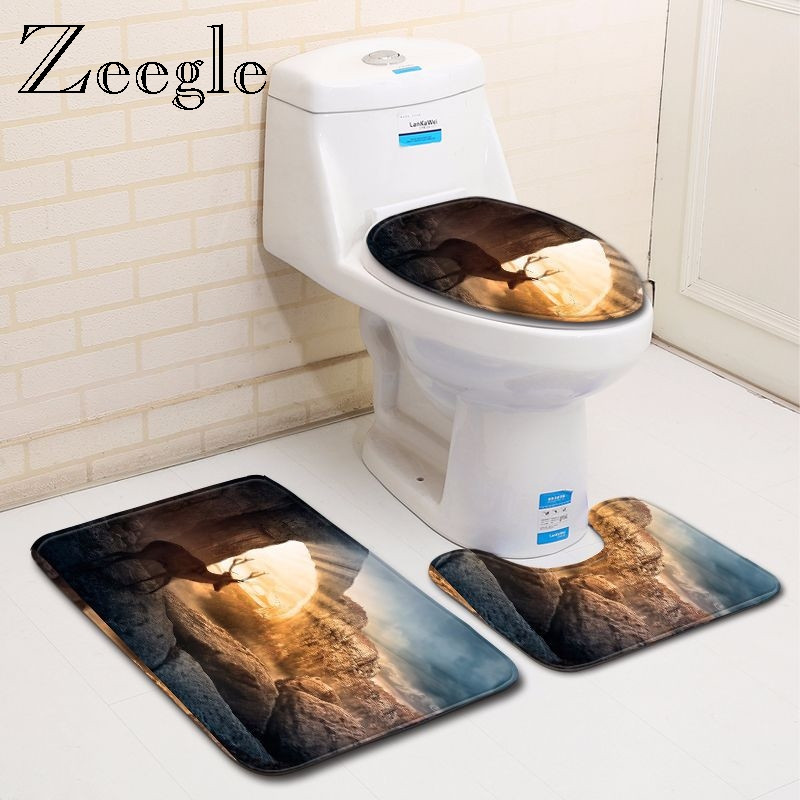 Zeegle 3D printani Wapiti set prostirki za kupaonicu Neklizajući postolje, tepih, poklopac, poklopac za WC školjku, upijajuća voda, prostirka za kupaonicu, prostirka za noge, podna prostirka za WC školjku