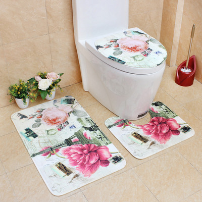 Otthoni dekorációs toalett szőnyeg szett 3D nyomtatás Fürdőszoba szőnyeg szőnyeg nedvszívó WC ülőkehuzat szőnyeg és csúszásmentes padlószőnyeg szett