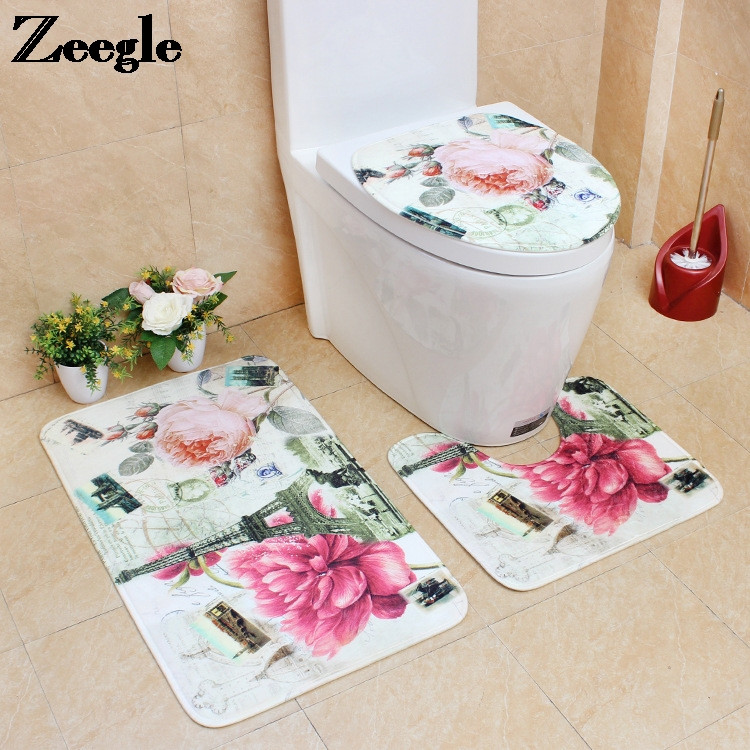 Otthoni dekorációs toalett szőnyeg szett 3D nyomtatás Fürdőszoba szőnyeg szőnyeg nedvszívó WC ülőkehuzat szőnyeg és csúszásmentes padlószőnyeg szett