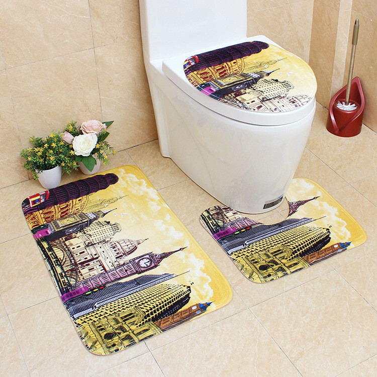 Otthoni dekorációs toalett szőnyeg szett 3D nyomtatás Fürdőszoba szőnyeg szőnyeg nedvszívó WC ülőkehuzat szőnyeg és csúszásmentes padlószőnyeg szett