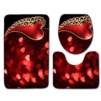 Zeegle Комплект постелки за баня от 3 бр. Романтичен модел на червено сърце Подложка за баня Нехлъзгаща се подложка за душ Тоалетна Килимчета Килим Пиедестал Комплект килими за баня