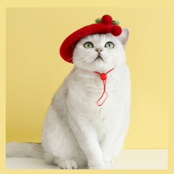 Καπέλο γάτας Bowknot Cherry Dog Beret Μάλλινο καπέλο Headband Beanie Grooming Χριστουγεννιάτικη στολή για μαλλιά Αξεσουάρ φωτογραφιών για διακοπές Καπέλο για κατοικίδια