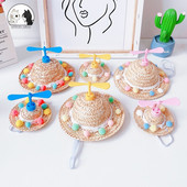 Slatki tkani slamnati šešir Dodatak za kostim za psa, mačku, šešir, proljeće, ljeto, smiješan šešir za sunčanje, krilo vilin konjic, pompon, mače, štene, pokrivalo za glavu