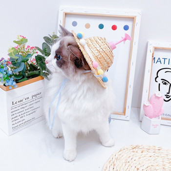Сладка тъкана сламена шапка Аксесоар за костюм за куче, котка, шапка, пролет, лято, забавна шапка за слънце, крило на водно конче, помпон, коте, кученце, шапка
