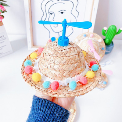 Slatki tkani slamnati šešir Dodatak za kostim za psa, mačku, šešir, proljeće, ljeto, smiješan šešir za sunčanje, krilo vilin konjic, pompon, mače, štene, pokrivalo za glavu