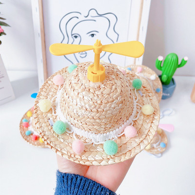 Slatki tkani slamnati šešir Dodatak za kostim za psa, mačku, šešir, proljeće, ljeto, smiješan šešir za sunčanje, krilo vilin konjic, pompon, mače, štene, pokrivalo za glavu