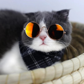 Сладки очила за котки за домашни любимци Цветни винтидж кръгли слънчеви очила за котки Кучета Отражение Очила за очила Метални снимки на домашни любимци Аксесоари