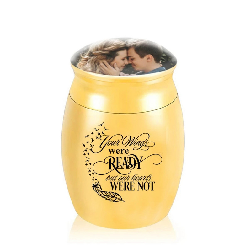 Mini kremācijas urnas piemiņa Nerūsējošā tērauda spalvu pelnu burkā, kurā var ievietot fotoattēlus - Tavi spārni ir gatavi, bet mana sirds nav