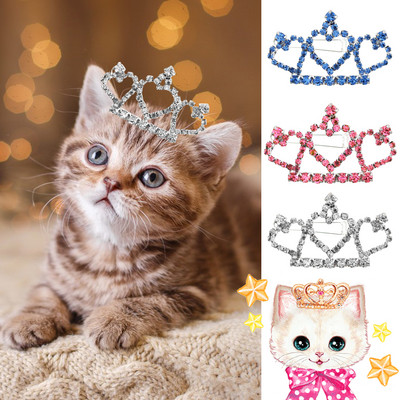 Pet Cat Ékszer Tiara Crown Hajcsat nyaklánc kis kutyáknak Kristály strasszos lányok Barrette ápoló haj kiegészítők