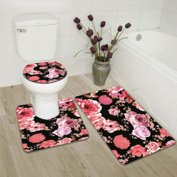 Bohemia Pink Flower 3 бр. Комплект постелки за баня Противоплъзгащ се килим Изтривалка Покривало за баня Подложка за тоалетна седалка Килим за баня Аксесоари за тоалетна