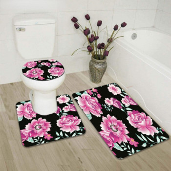 Bohemia Pink Flower 3 бр. Комплект постелки за баня Противоплъзгащ се килим Изтривалка Покривало за баня Подложка за тоалетна седалка Килим за баня Аксесоари за тоалетна
