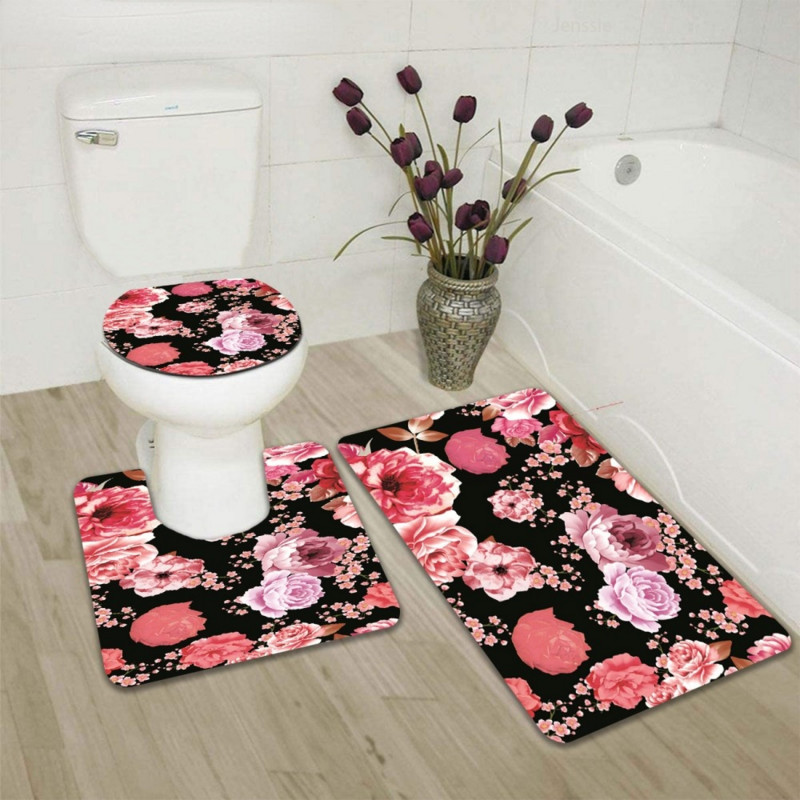 Bohemia Pink Flower 3pcs Set prostirki za kupaonicu Protuklizni tepih Otirač Kupaonska navlaka Otirač za WC školjku Kupaonska prostirka Pribor za WC