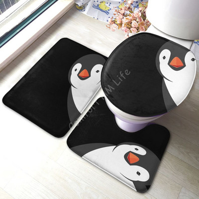 Cute Penguin 3D χαλάκι μπάνιου Σετ τριών τεμαχίων Μοκέτα Αδιάβροχο Χαλί μπάνιου Κάλυμμα καθίσματος τουαλέτας Χαλάκι δαπέδου Διακόσμηση μπάνιου