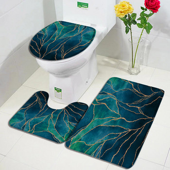 Изумрудено зелен мраморен комплект постелки за баня Златна линия Черен текстуриран модел Модерен геометричен декор за баня Нехлъзгащо се килимче Покривало на капака на тоалетната