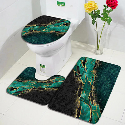 Set covorașe de baie din marmură verde smarald Linie aurie Model texturat negru Modern Geometric Decor pentru baie Covor anti-alunecare Capac capac de toaletă