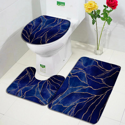 Smaragdnozeleni mramorni set prostirki za kupaonicu Zlatna linija Crni teksturirani uzorak Moderni geometrijski dekor za kupaonicu Neklizajući tepih Poklopac za WC školjku