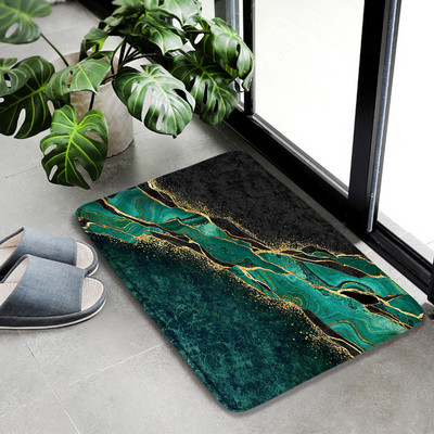 Smaragdnozeleni mramorni set prostirki za kupaonicu Zlatna linija Crni teksturirani uzorak Moderni geometrijski dekor za kupaonicu Neklizajući tepih Poklopac za WC školjku