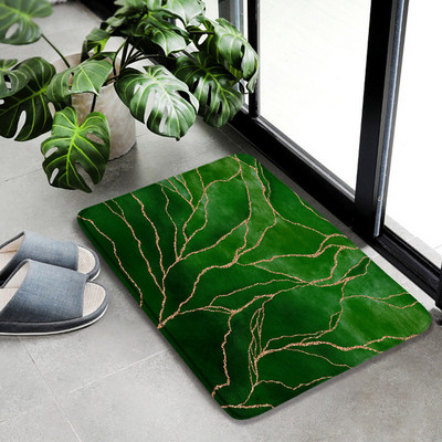 Smaragdnozeleni mramorni set prostirki za kupaonicu Zlatna linija Crni teksturirani uzorak Moderni geometrijski dekor za kupaonicu Neklizajući tepih Poklopac za WC školjku