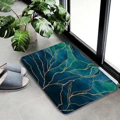 Smaragdnozeleni mramorni set prostirki za kupaonicu Zlatna linija Crni teksturirani uzorak Moderni geometrijski dekor za kupaonicu Neklizajući tepih Poklopac za WC školjku