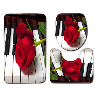 Rožu ziedu apdrukas vannas paklājs tualetes paklājam vannas istabā Mājas apdares paklājs tualetes sēdekļa spilvens Mikrošķiedras kāju paklāja komplekts