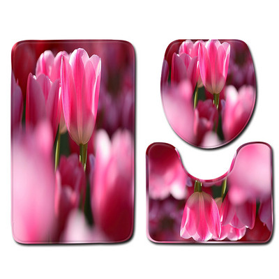 Rožu ziedu apdrukas vannas paklājs tualetes paklājam vannas istabā Mājas apdares paklājs tualetes sēdekļa spilvens Mikrošķiedras kāju paklāja komplekts