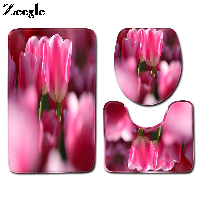 Rožu ziedu apdrukas vannas paklājs tualetes paklājam vannas istabā Mājas apdares paklājs tualetes sēdekļa spilvens Mikrošķiedras kāju paklāja komplekts