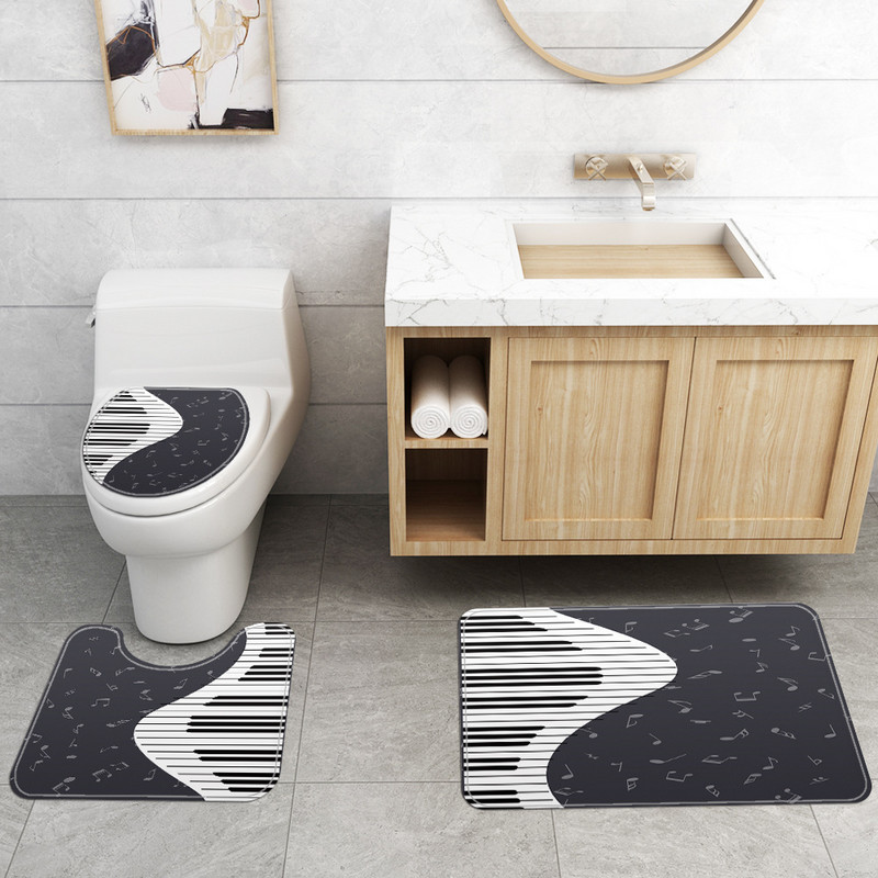Crno-bijeli komplet kupaonskih tepiha s umjetničkim tiskom za uređenje doma i set prostirki za kupanje i zavjesa za tuš s kukama Prostirka za ulazna vrata tuša