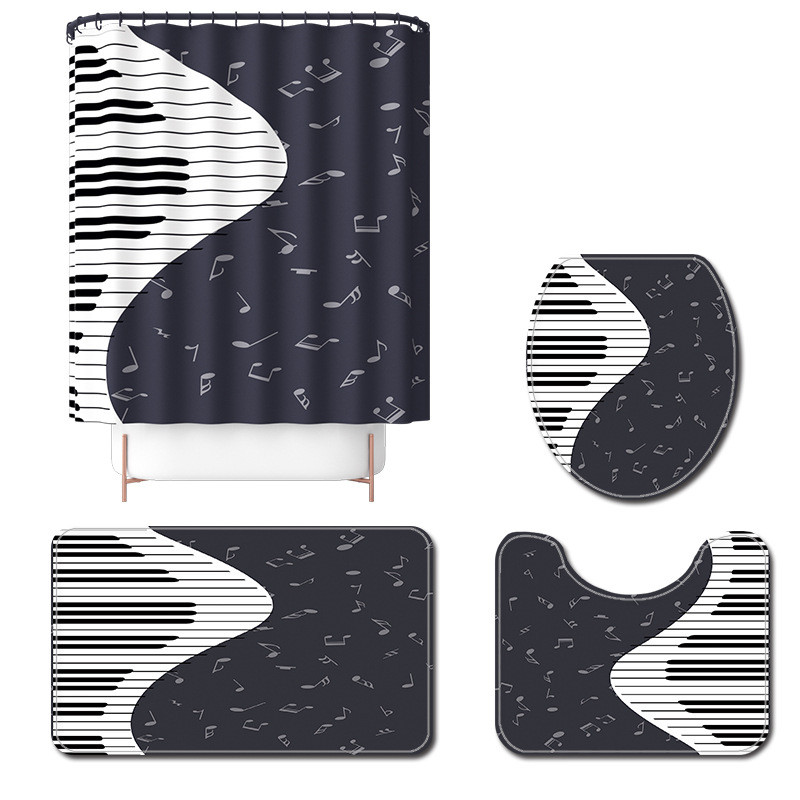 Crno-bijeli komplet kupaonskih tepiha s umjetničkim tiskom za uređenje doma i set prostirki za kupanje i zavjesa za tuš s kukama Prostirka za ulazna vrata tuša